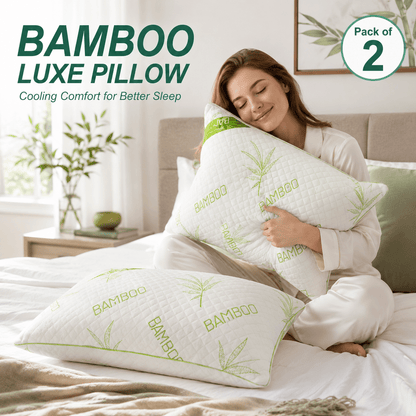 Bamboo Memory Foam Pillow Pack of 2 | Medium Firm Support for Neck & Shoulder Comfort | Soft & Breathable | 50x75cm | Ideal for Side, Back, and Stomach Sleepers | Removable Zip Cover | Durable Viscose Elastic Foam