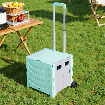 Foldable Shopping Trolley on Wheels with Large Capacity Storage Box – Portable Folding Cart for Grocery, Camping, Travel & Moving, Adjustable Handle, Grey & Green