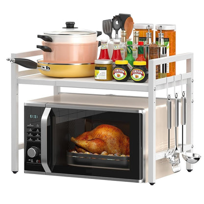 Extendable 2-Tier Microwave Oven Rack Countertop for Kitchen, Microwave Shelf Stand Metal with 6 Hooks, Baker Rack, Adjustable Kitchen Shelf Organizer Black/White