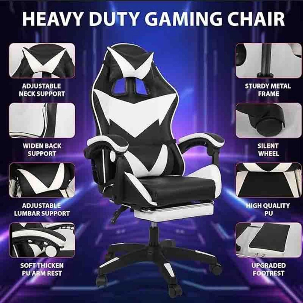 Gaming Chair with Footrest & Lumbar Support – Ergonomic Reclining Office Chair with Optional Massage, 120kg Capacity, High Back Swivel