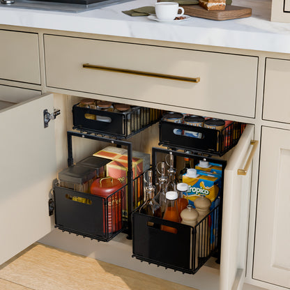 1pc 2-Tier Durable Plastic/Metal Pull-Out Storage Rack | Under Sink Organizer for Kitchen, Bathroom And Pantry - Suction Cup Mount, Sturdy Wire Construction, Kitchen Organizers And Storage for Spices, Snacks, Household Items