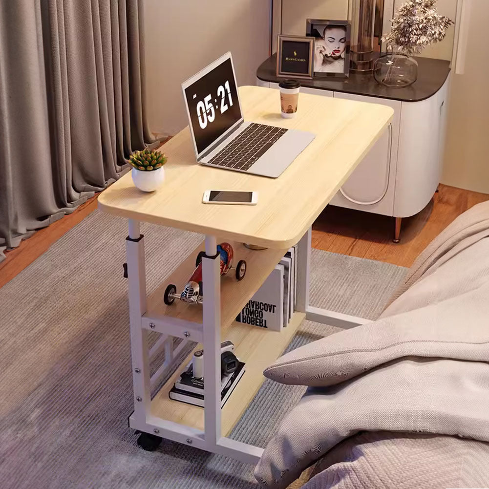 Multi-Purpose Sofa Side Table, 3-Tier Desk, Study And Reading Table, Laptop Desk, Movable Workbench with Storage Shelf, Height-Adjustable, Movable Dining Table, Bedside Table, Study Table, Home Bedroom Office Desk, 14.6*23.6*23.6-35.4 Inches