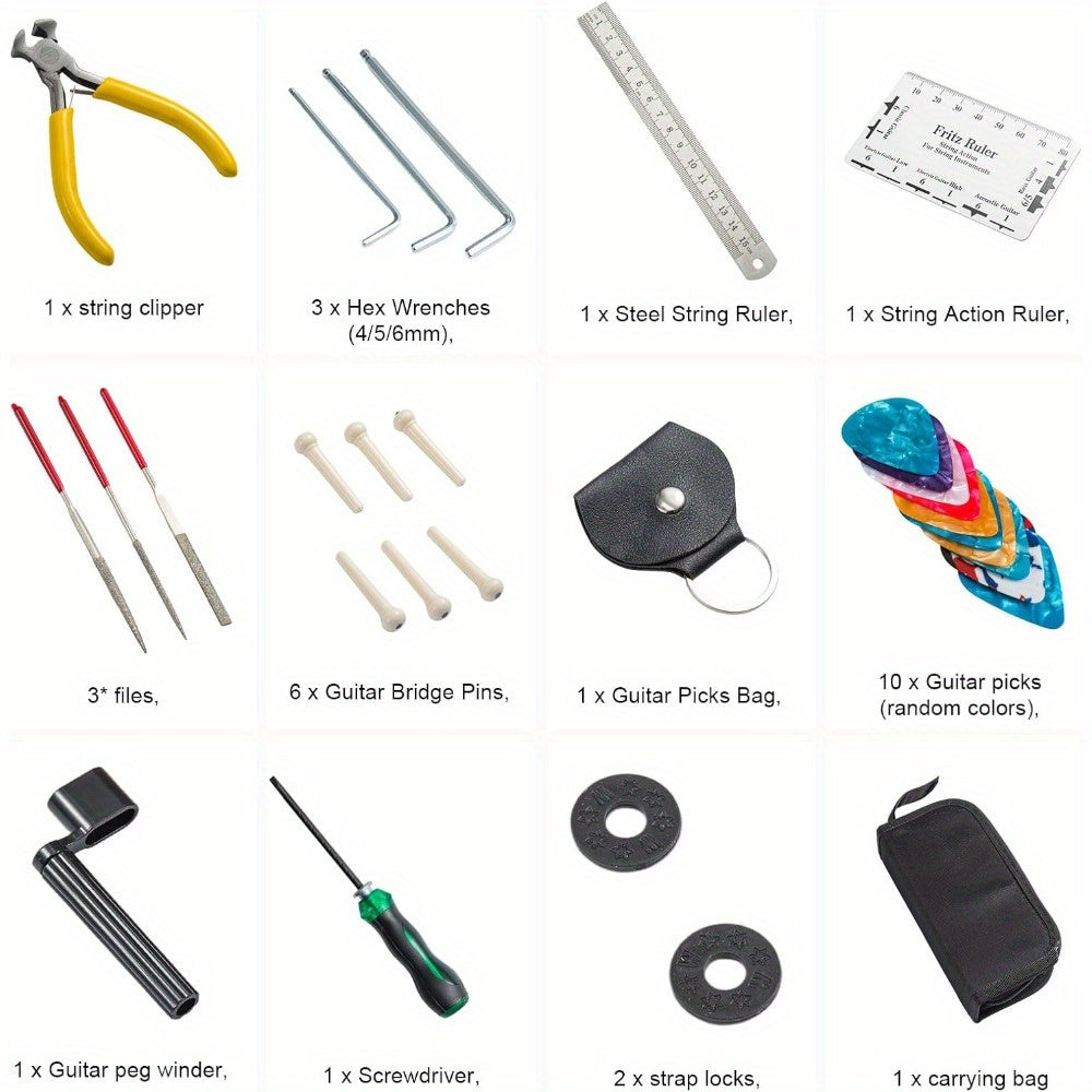 Guitar Maintenance Tools Kit – Guitar Repair & Cleaning Kit with String Winder, Cutter, Fret Files, Screwdriver – Guitar Tool Set for Acoustic, Electric, Bass Guitars for Beginners Musicians
