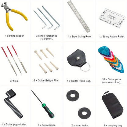 Guitar Maintenance Tools Kit – Guitar Repair & Cleaning Kit with String Winder, Cutter, Fret Files, Screwdriver – Guitar Tool Set for Acoustic, Electric, Bass Guitars for Beginners Musicians