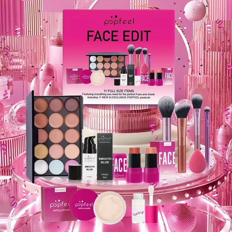 POPFEEL Full Face Makeup Kit, includes facial editing palette - waterproof, sweatproof, long-lasting full coverage, 12-in-1 multi-functional palette containing primer, foundation, concealer, setting powder, blush, contour, highlighter, bronzer, eyeshadow,