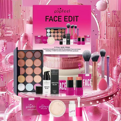 POPFEEL Full Face Makeup Kit, includes facial editing palette - waterproof, sweatproof, long-lasting full coverage, 12-in-1 multi-functional palette containing primer, foundation, concealer, setting powder, blush, contour, highlighter, bronzer, eyeshadow,