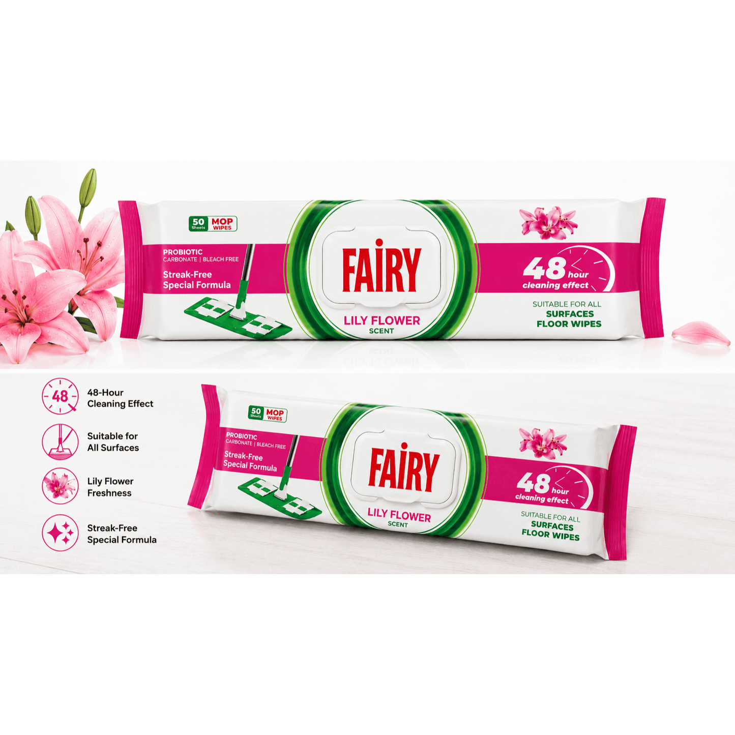 Fairy Power Lily Flower Scented Floor Cleaning Towels – 50 Mop-Compatible Disposable Wipes, Suitable for All Surfaces, Dermatologically Tested, Streak-Free Clean