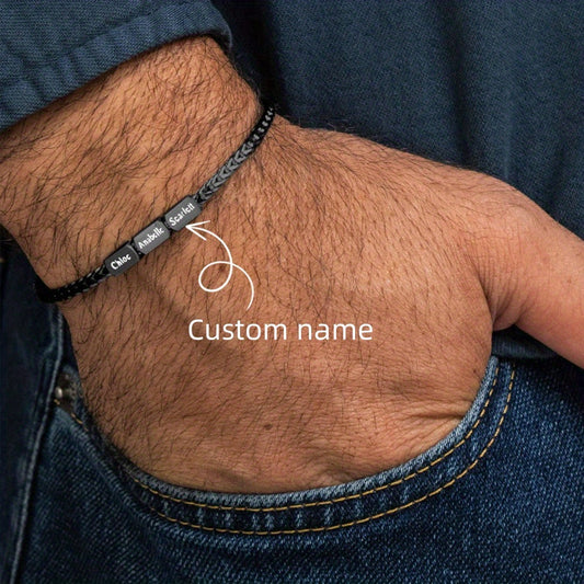 1pc Customizable Name Men's Stainless Steel Beaded Bracelet, Personalized Engraving Father's Day Gift, Multi-Bead Design Allows Multiple Names to Be Engraved, Commemorating Family Moments, Vintage Metal Finish with Classic Chain Style, Custom Gift