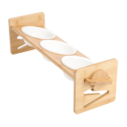 Raised Cat Bowl, Cat Bowls with Stand Tilted 15°, Adjustable Elevated Ceramic Cat Food Bowl for Cats and Small Dog, Adjustable Dog Bowl Stand - Raised Bamboo Stand with One, Two, or Three Ceramic Bowls for Feeding Small,Medium Sized Dogs, Cats,and Pets -