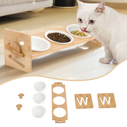 Raised Cat Bowl, Cat Bowls with Stand Tilted 15°, Adjustable Elevated Ceramic Cat Food Bowl for Cats and Small Dog, Adjustable Dog Bowl Stand - Raised Bamboo Stand with One, Two, or Three Ceramic Bowls for Feeding Small,Medium Sized Dogs, Cats,and Pets -
