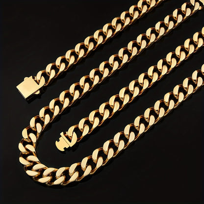Hip Hop Stainless Steel Encrypted Four-sided Grinding 8.10.12mm Cuban Necklace Spring Buckle Titanium Stainless Steel Hip Hop Necklace for Men. 18K Golden Plated Plated 18K Golden Plated Real 18K Golden Plated Hip Hop Jewelry