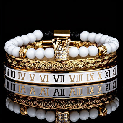 Luxury Crown Charm Golden Skull Bracelet, Stainless Steel Men's White Enamel Roman Numerals Bangle Fashion Jewelry