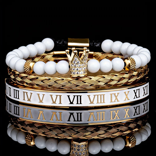 Luxury Crown Charm Golden Skull Bracelet, Stainless Steel Men's White Enamel Roman Numerals Bangle Fashion Jewelry
