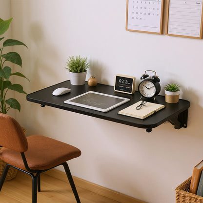 Folding Wall-Mounted Laptop Desk, Space-Saving Study and Reading Table, Metal Iron Frame Design, Durable and Sturdy Wall Desk for Home or Office, Black/White, 52x24cm / 65x24cm / 75x24cm