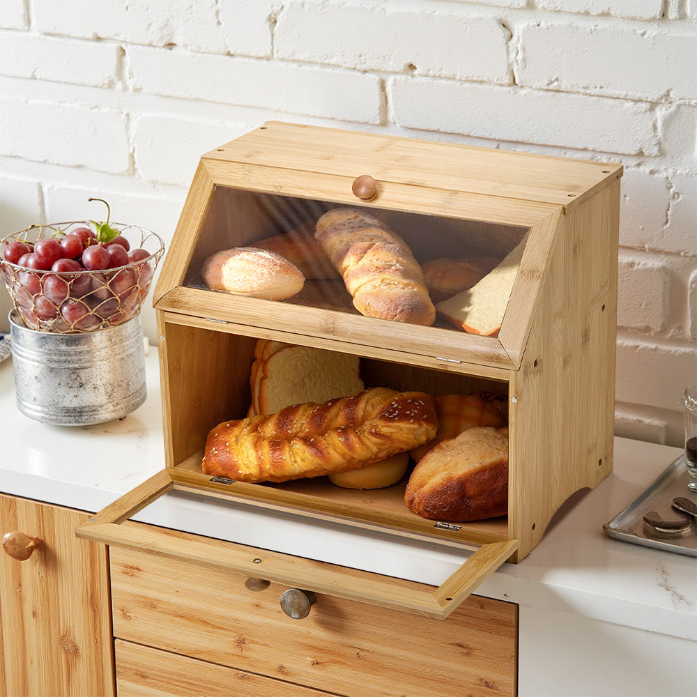 Bamboo Bread Bin with Transparent Window, 2-Layer, Bread Box Large Capacity Bread Storage for Kitchen, Kitchen Countertop Bread Box for Bread, Sushi, Pastries, Biscuits, Breakfast, Natural/ Black, 15.55*9.84*12.60 Inch