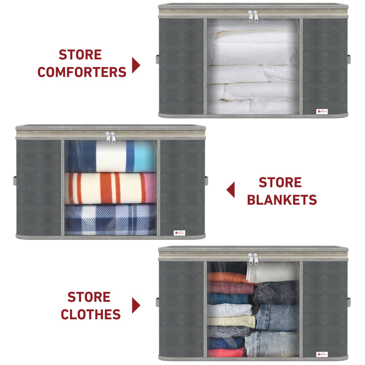 Vinsani 3pcs Deluxe Clothes Storage Bags Organizer Large Capacity Double Zipper, Moisture-Proof Big Clear Windows Perfect Space for Clothes, Beddings, Blankets and Duvet