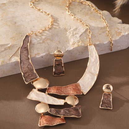 Zinc Alloy Enamel Geometric 3pcs Jewelry Sets, 1 Pair Earrings 1 Necklace 1 Ring Fashion Necklaces Set for Women Trendy, Valentine's Day Gift, Birthday Gift