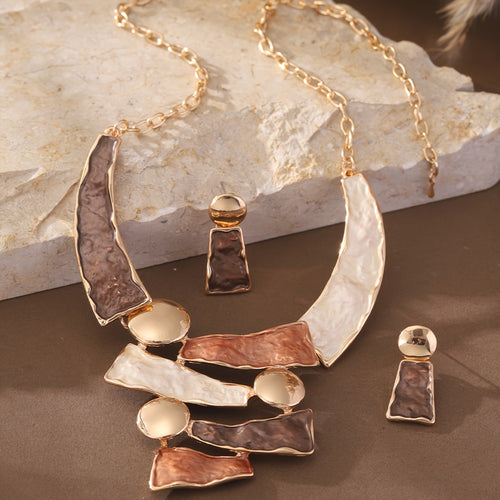 Zinc Alloy Enamel Geometric 3pcs Jewelry Sets, 1 Pair Earrings 1 Necklace 1 Ring Fashion Necklaces Set for Women Trendy, Valentine's Day Gift, Birthday Gift