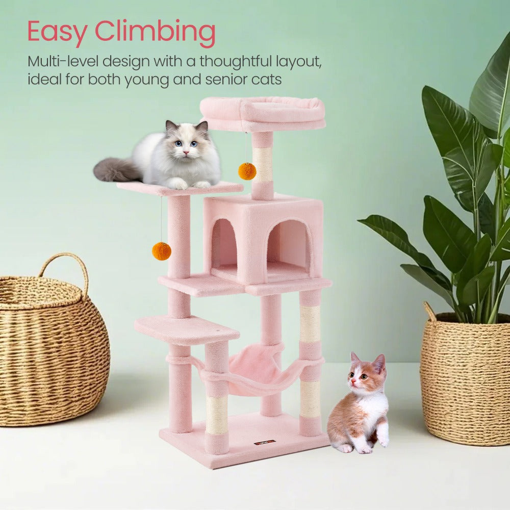 112cm Cat Tree Multi-Level Plush Tower Condo with 4 Scratching Posts, Hammock, Cave & Platforms – Stair-Step Design with Hanging Toys | Easy Assembly Indoor Cat Furniture | Pink White Beige Grey | UK