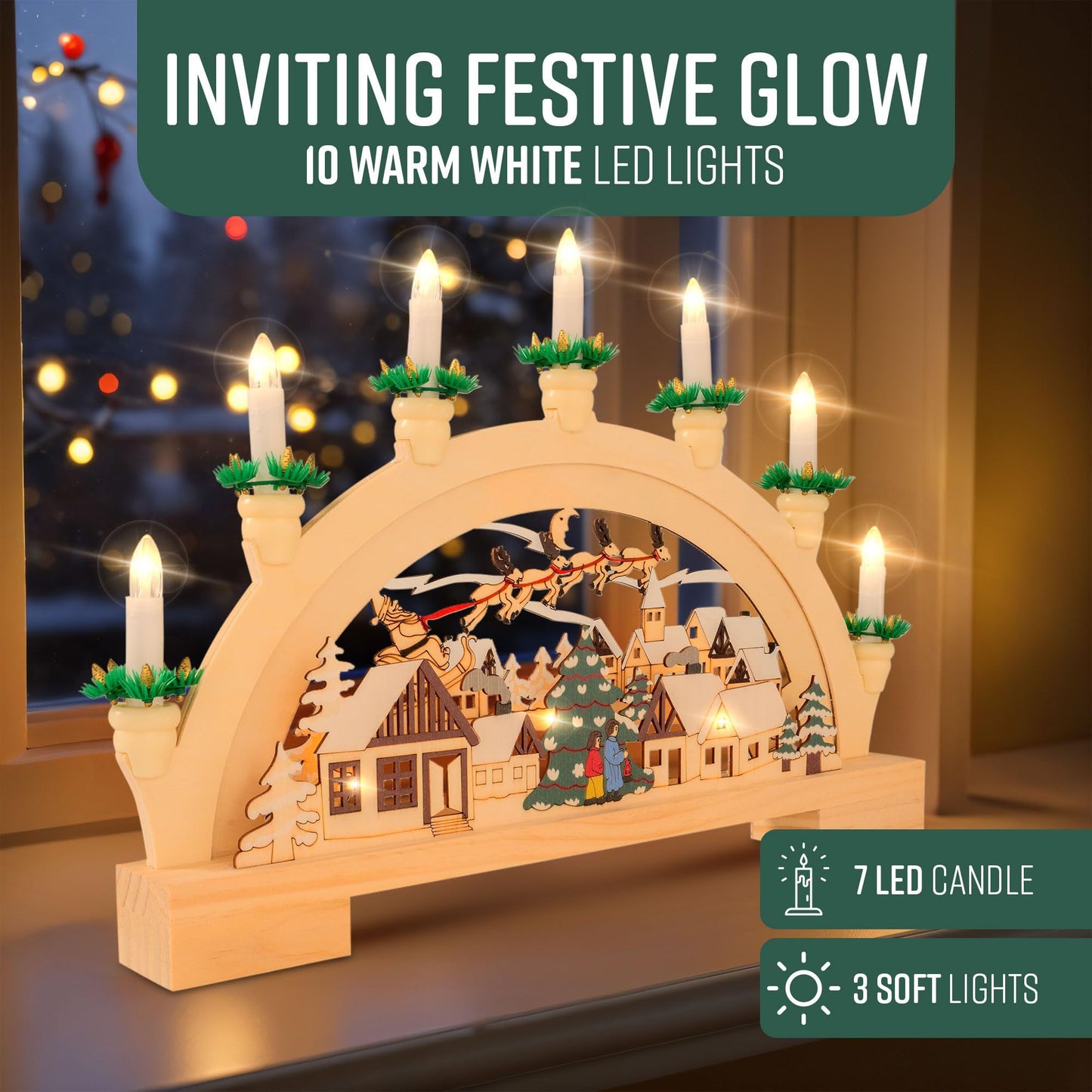 GloBrite Wooden Candle Bridge Decoration with 7 Warm White LED Candles - Indoor Christmas Window Decor, Battery Operated - 45cm x 32cm x 5cm, Multicolour