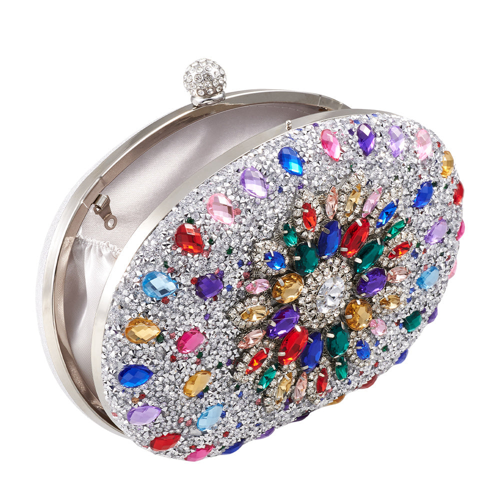 Women Evening Bag Multicolor Clutch Bag Luxury Crystal Handbag Bridal Wedding Purse Glitter Shoulder Bag with Detachable Chain Banquet Party Prom Crossbody Bag Gold-Multicolour, Green/ Gold/ Silver