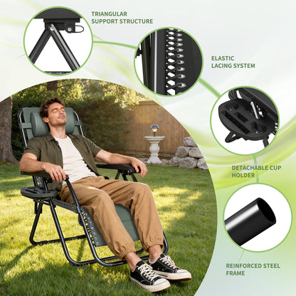 2pcs Zero Gravity Chairs, Fabric Foldable Patio Chairs Outdoor, Lounge Camping Chairs with Padded Pillow, Armrest, Footrest and Cup Holder - Textilene Fabric
