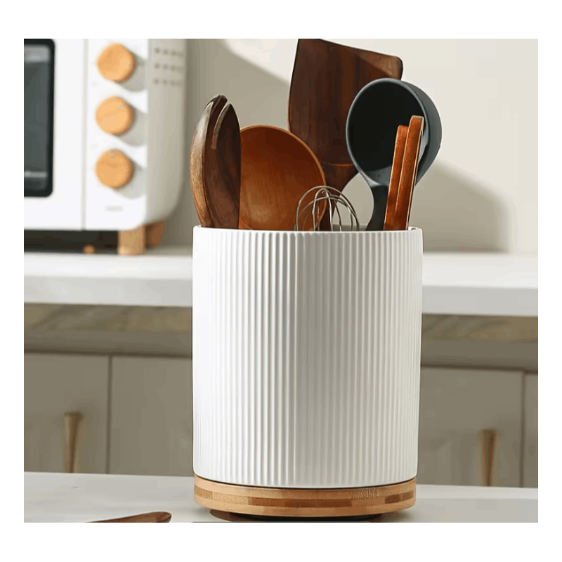 360° Rotating Ceramic Kitchen Organizer with Detachable Bamboo Base – Space-Saving Utensil Holder for Countertops, Perfect for Cooking Tools, Flower Vases, and Whisky Glasses, Kitchen Accessories