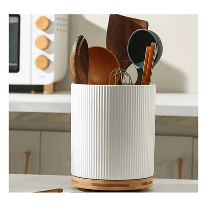 360° Rotating Ceramic Kitchen Organizer with Detachable Bamboo Base – Space-Saving Utensil Holder for Countertops, Perfect for Cooking Tools, Flower Vases, and Whisky Glasses, Kitchen Accessories