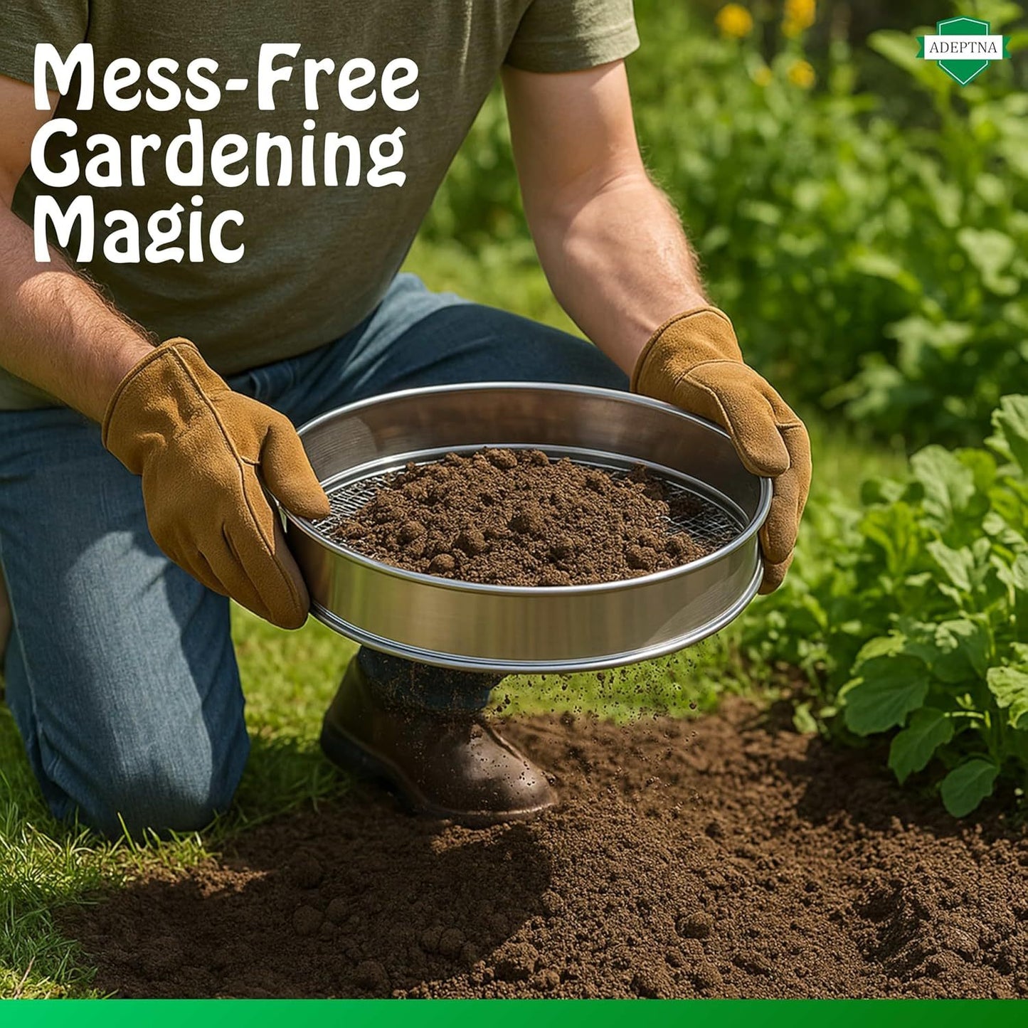 ADEPTNA 5Pcs Stainless Steel Soil Sieve Set Heavy Duty Garden Compost Sifter with 5 Interchangeable Mesh Inserts (3mm, 5mm, 8mm, 10mm, 12mm) Multi-Purpose Sifting Pan for Soil Sand Gravel Compost