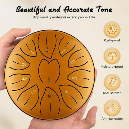 Steel Tongue Drum, 6 Inch 11 Notes, C Key & Rust-Proof Tongue Drum Percussion, Leaf Pattern Handpan Outside with Bag and Percussion Instruments for Meditation, Music Therapy