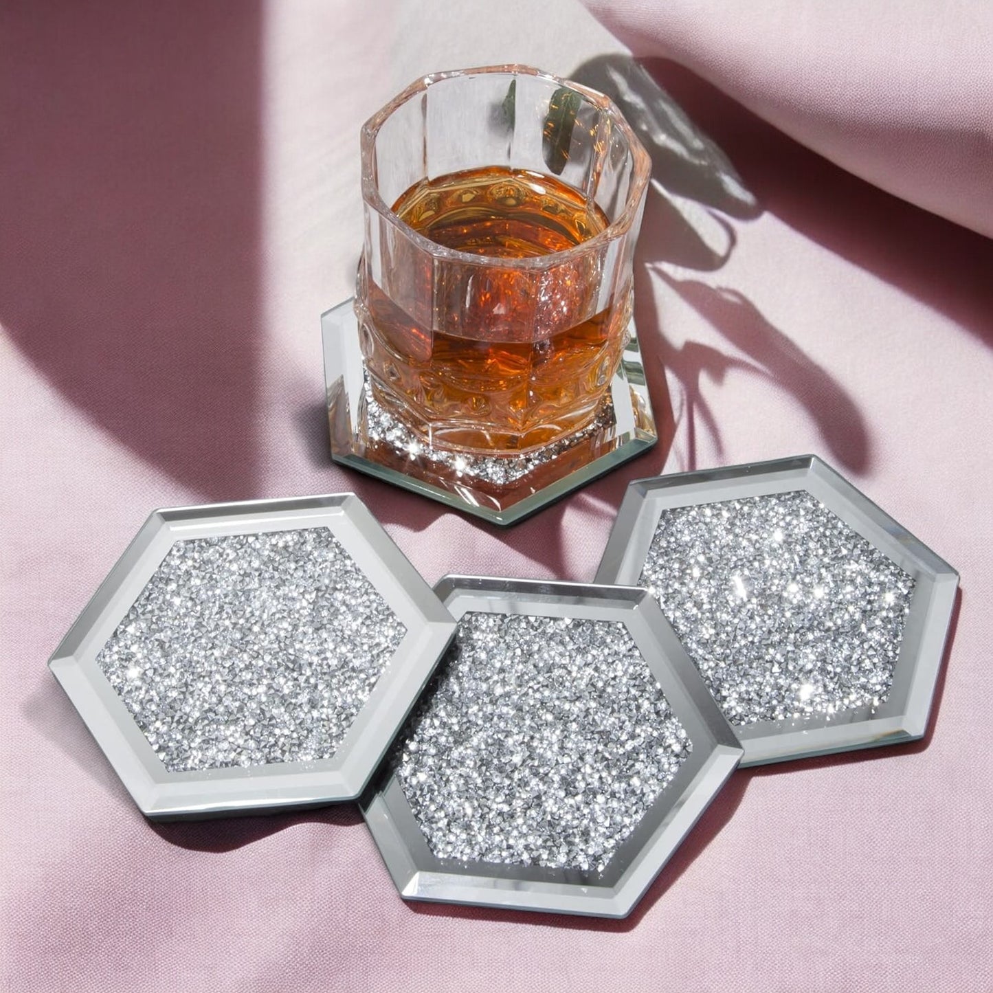 SERENA'S ® Set of 4 Hexagon Crystal Coasters – 10cm Glass Mirrored Drink Coasters with Glitter Crushed Diamond Design – Elegant Coasters for Home, Kitchen, Bar, or Table Decoration