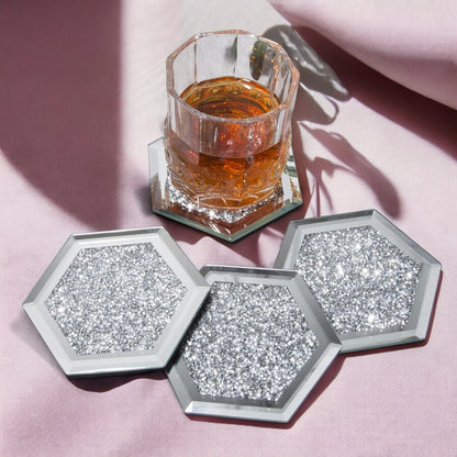 SERENA'S ® Set of 4 Hexagon Crystal Coasters – 10cm Glass Mirrored Drink Coasters with Glitter Crushed Diamond Design – Elegant Coasters for Home, Kitchen, Bar, or Table Decoration