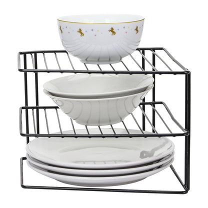 Taylor & Brown 3 Tier Corner Kitchen Plate Bowl Rack Stand Holder Tidy Cupboard Shelf Insert Storage Organiser, Space Saving, H19 x W25.5 x D25.5cm, White