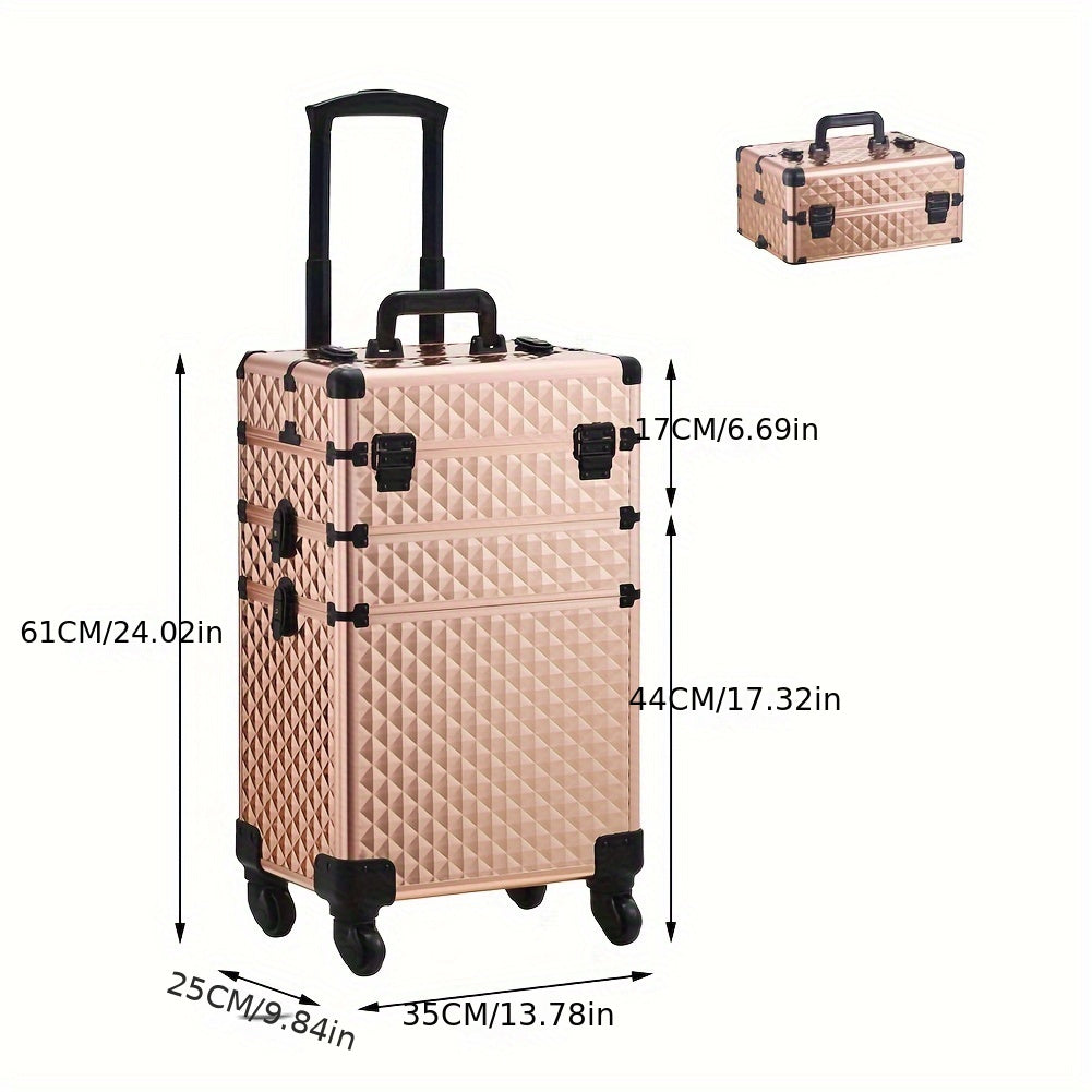 Large 3-in-1 Makeup Trolley Case – Professional Hairdressing Vanity Beauty Box with Wheels, PU Aluminium Frame Cosmetic Storage, 37x25x56cm, Rose Gold & Black