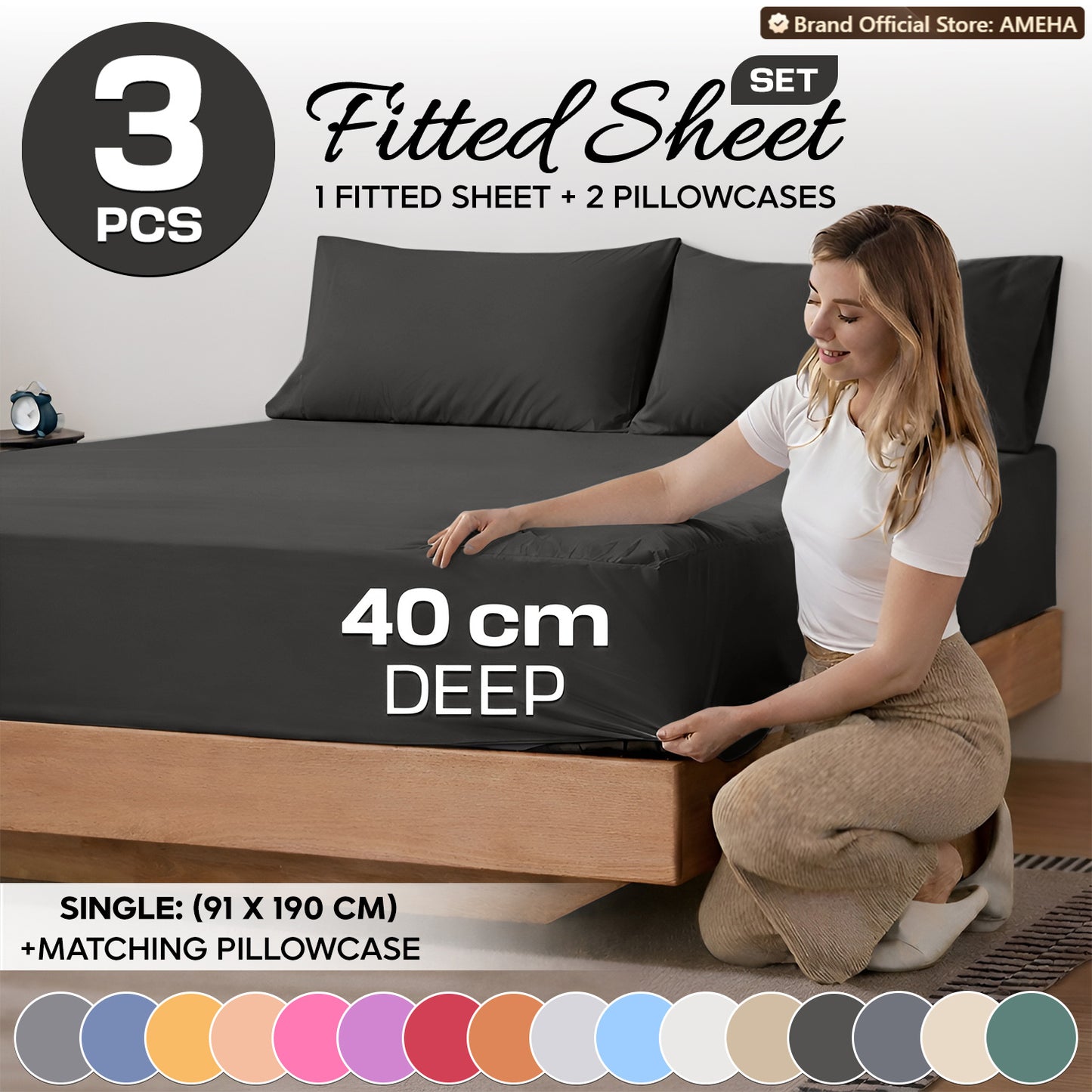 3pcs 40cm Extra Deep Fitted Sheet – Solid Color Soft & Comfortable Bed Sheet with 2pcs Matching Pillowcases, Breathable Fabric Soft Brushed Microfiber Bedding, Machine Washable for Home Bedroom, Hotel