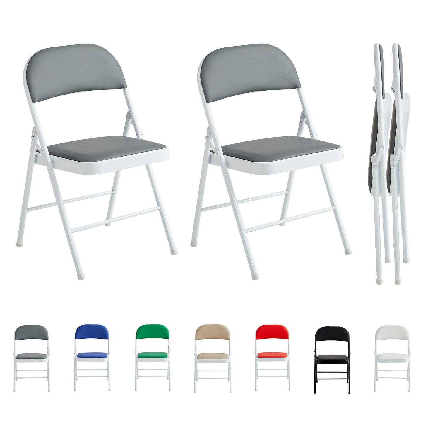 Set of 2 Folding Chairs, Faux Leather Foldable Chairs with Metal Frame and Padded Seat, Easy to Fold and Store for Home, Office, Dining and Reception