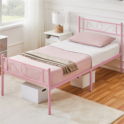 Costoffs Metal Platform Bed, Metal Bed Base, Metal Bed Frame with Scroll Design Headboard and Footboard, Mattress Foundation, Easy Assembly Bed, Bedroom Furniture, Metal-Framed Bed Base with Storage, Black/White/Pink