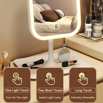 LED Makeup Mirror, Rechargeable Desktop Vanity Mirror with Lights, 3 Light Modes, Touch Control, Adjustable Brightness, Portable Lighted Beauty Mirror, Travel Vanity Cosmetic Mirror with Lights