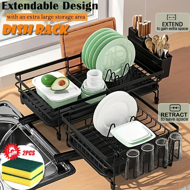 1pc Expandable Dish Drainer Rack Adjustable Dish Rack Foldable Dish Drying Rack with Removable Cutlery Holder Swivel Drainage Spout Anti-Rust Plate Rack for Kitchen Black
