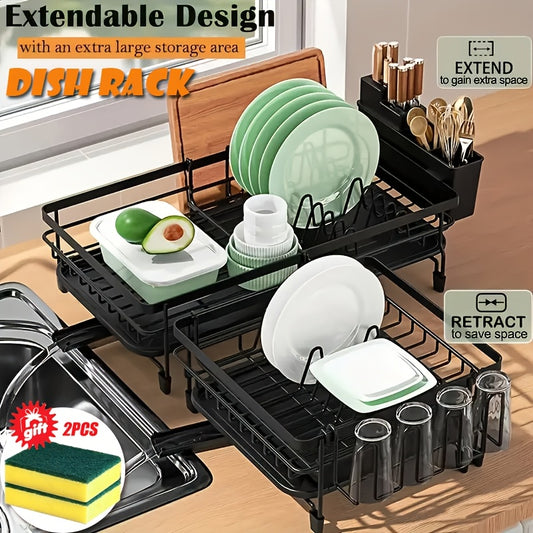 1pc Expandable Dish Drainer Rack Adjustable Dish Rack Foldable Dish Drying Rack with Removable Cutlery Holder Swivel Drainage Spout Anti-Rust Plate Rack for Kitchen Black