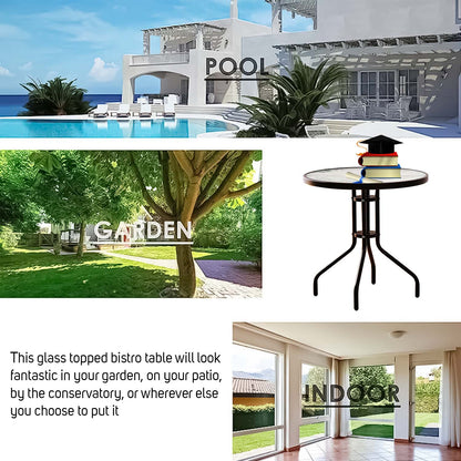 Outdoor Dining Table, Bistro Patio Garden Table, Metal Glass Top Table for Indoor Outdoor Cafe Dining, Black