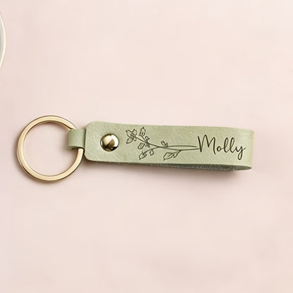 [Custom Leather Keychain] Personalized Leather Keychain - Custom Birth Flower Key Ring, Name Keychain, Bag Tag - Ideal for Women, Anniversary, Bridesmaid Gifts - Single