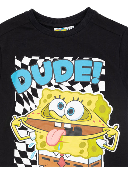 SpongeBob SquarePants Boys Black Short-Sleeved Graphic Tee | Dude! SpongeBob Placement Print T-Shirt | Kids Cartoon Apparel | Nickelodeon SpongeBob Dude Top for Children & Teens