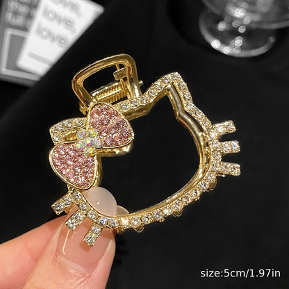 [Sanrio Hello Kitty Hair Clip] Sanrio Hello Kitty Rhinestone Hair Clip 1pc - Cartoon Hollow-Out Bow Claw Clip with Shark Clip Design, Women's Metallic Colorful Hair Accessory, Christmas, Ideal Gift for Independence Day And Bastille Day Celebrations
