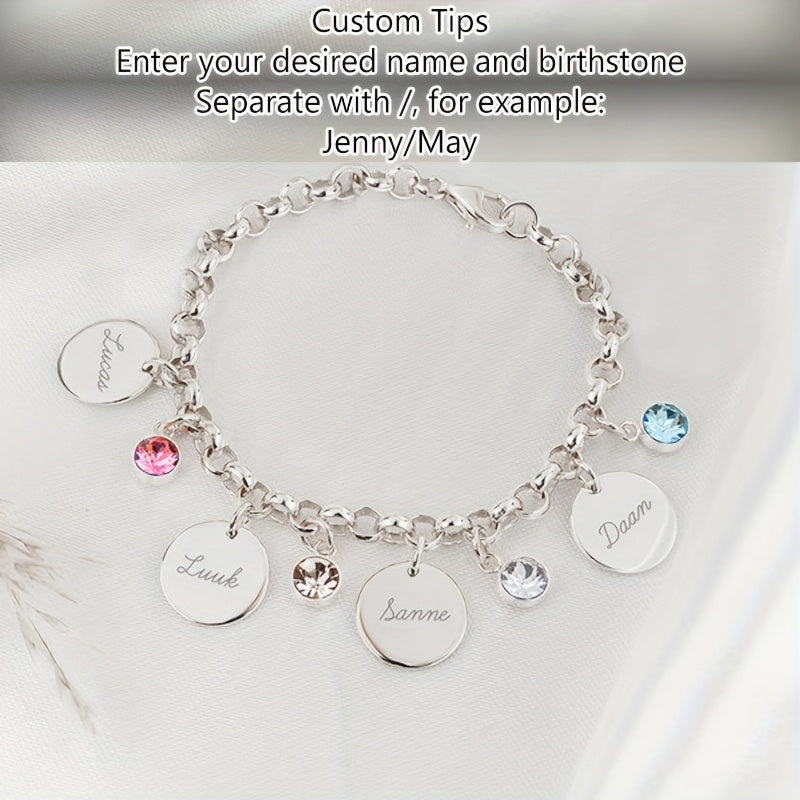 Self-Defined 1-6 Family Name and Birthstone Women's Fashion Bracelet, Personalized Custom Initial Letter and Birth Month Stone Women's Bracelet, 18K Gold Plated Golden-Plated 304L Stainless Steel Durable Material, Accessory Suitable for Daily Casual