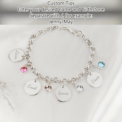 Self-Defined 1-6 Family Name and Birthstone Women's Fashion Bracelet, Personalized Custom Initial Letter and Birth Month Stone Women's Bracelet, 18K Gold Plated Golden-Plated 304L Stainless Steel Durable Material, Accessory Suitable for Daily Casual