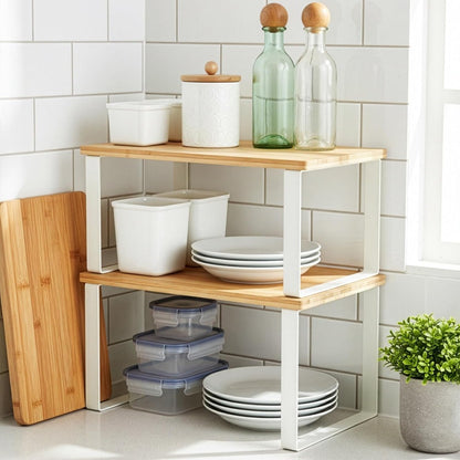 Spice Rack, Set of 2 Cupboard Shelf Organiser, Expandable Kitchen Shelf Organiser, Stackable Spice Holder,Multipurpose Storage for Spices, Dishes, Countertop Expansion