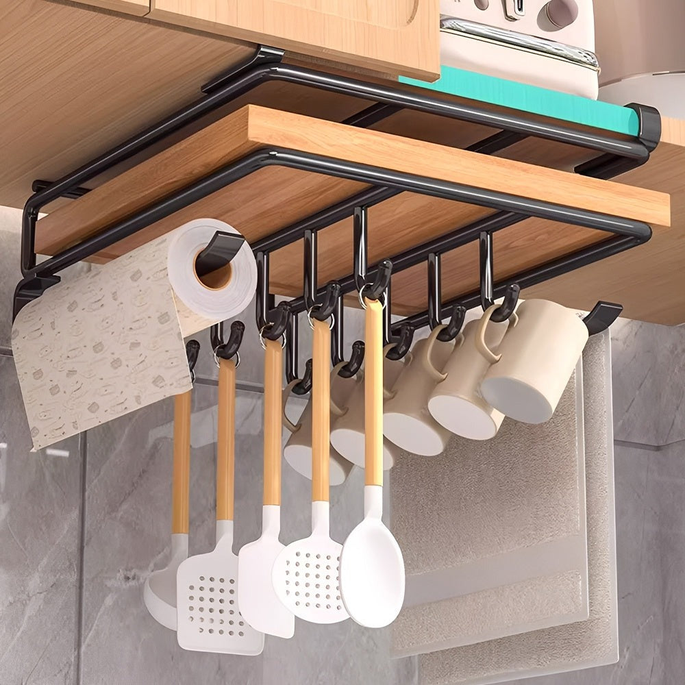 Under Cabinet Storage Rack with Hooks – No-Drill Carbon Steel Kitchen Hanging Shelf for Cutting Boards, Cups, Cloths & Kitchen Utensils, Black