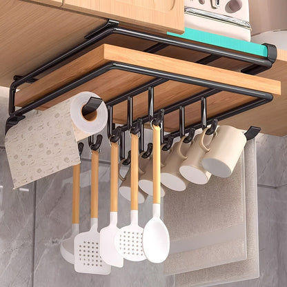 Under Cabinet Storage Rack with Hooks – No-Drill Carbon Steel Kitchen Hanging Shelf for Cutting Boards, Cups, Cloths & Kitchen Utensils, Black