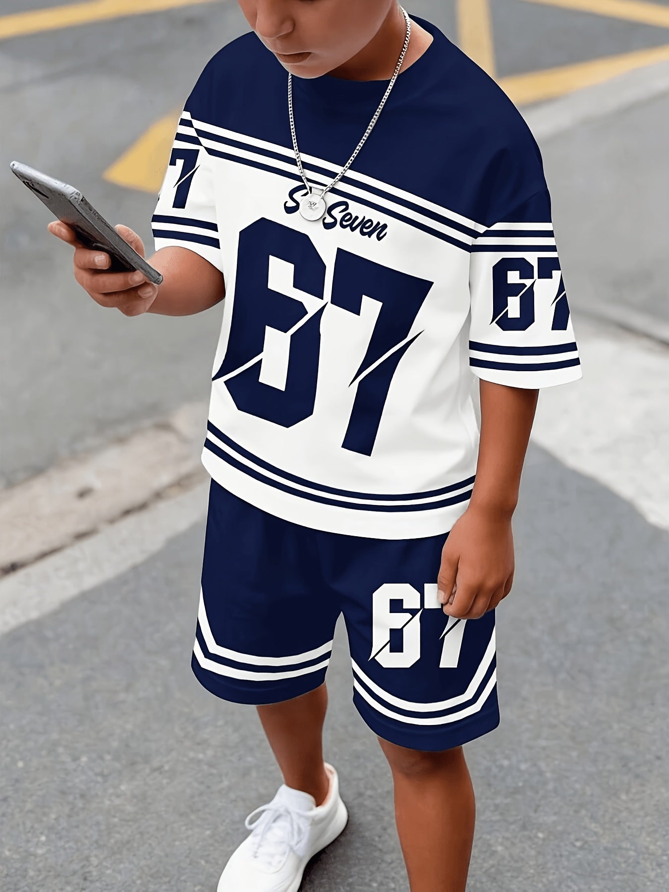 2pcs/Set Boys' Casual Stylish Creative Graphic Number 67 Cartoon Print Short Sleeve T-Shirt And Shorts Set, Comfortable Daily Wear for Spring, Summer & Autumn, for Outdoor